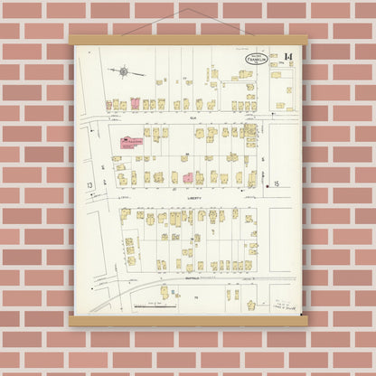 Old map wall art mockup — magnetic wood frame on brick wall — Sanborn Fire Insurance Map from Franklin, Venango County, Pennsylvania (1912), Sheet #0014
