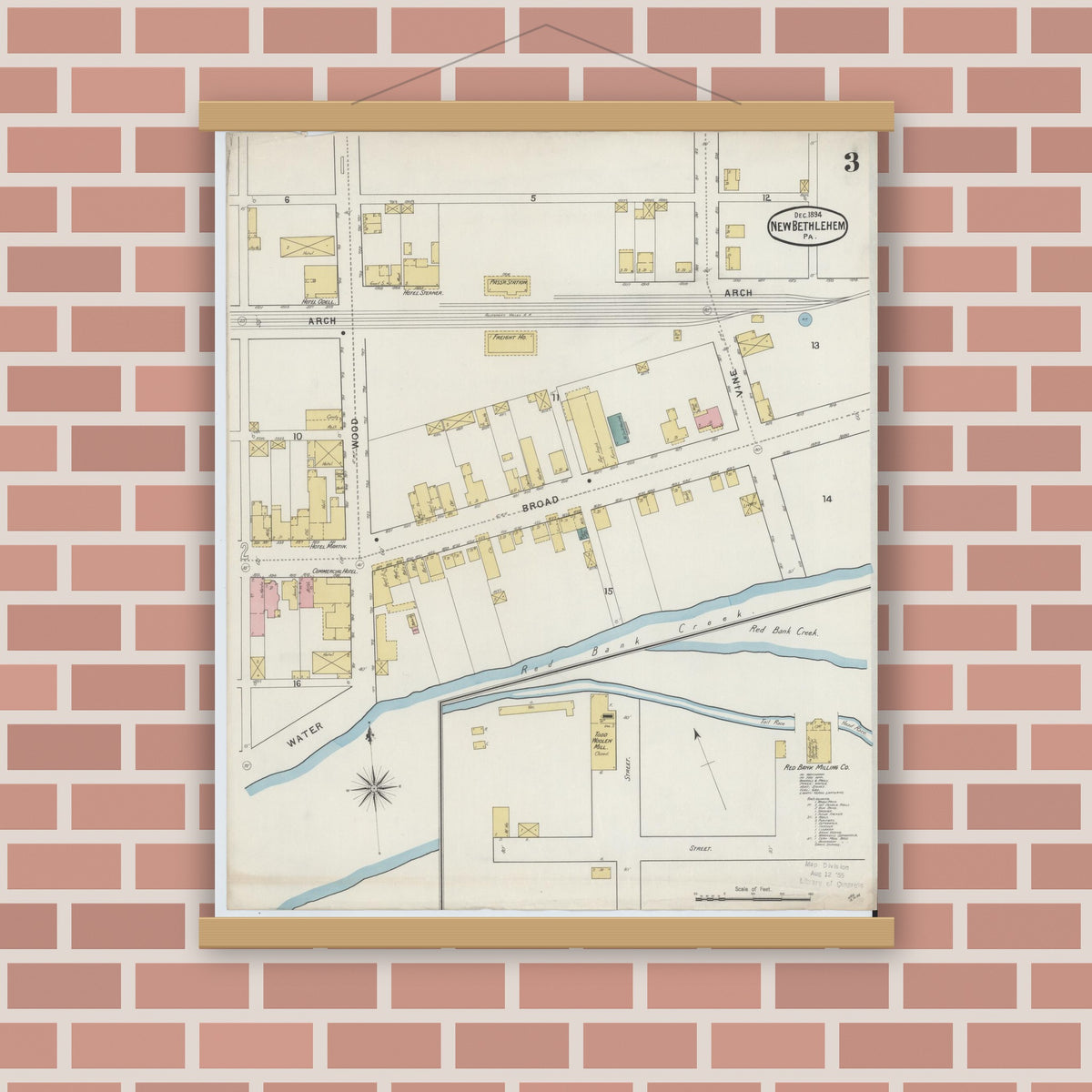 Old map wall art mockup — magnetic wood frame on brick wall — Sanborn Fire Insurance Map from New Bethlehem, Clarion County, Pennsylvania (1894), Sheet #0003