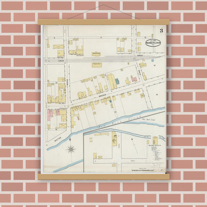 Old map wall art mockup — magnetic wood frame on brick wall — Sanborn Fire Insurance Map from New Bethlehem, Clarion County, Pennsylvania (1894), Sheet #0003
