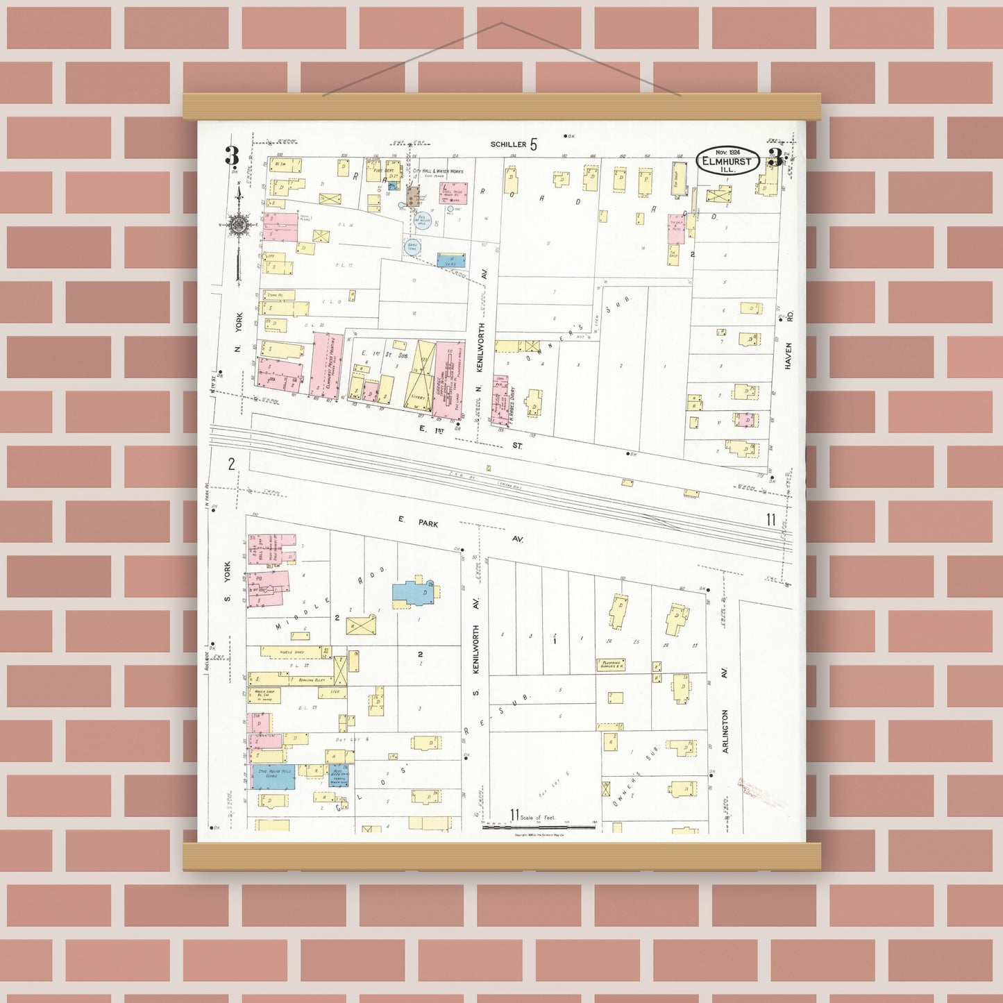 Old map wall art mockup — magnetic wood frame on brick wall — Sanborn Fire Insurance Map from Elmhurst, Du Page County, Illinois (1924), Sheet #0003