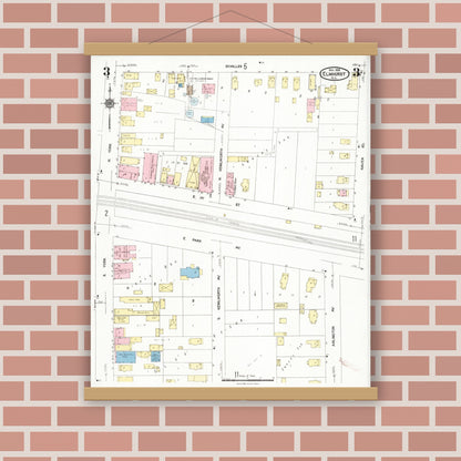 Old map wall art mockup — magnetic wood frame on brick wall — Sanborn Fire Insurance Map from Elmhurst, Du Page County, Illinois (1924), Sheet #0003