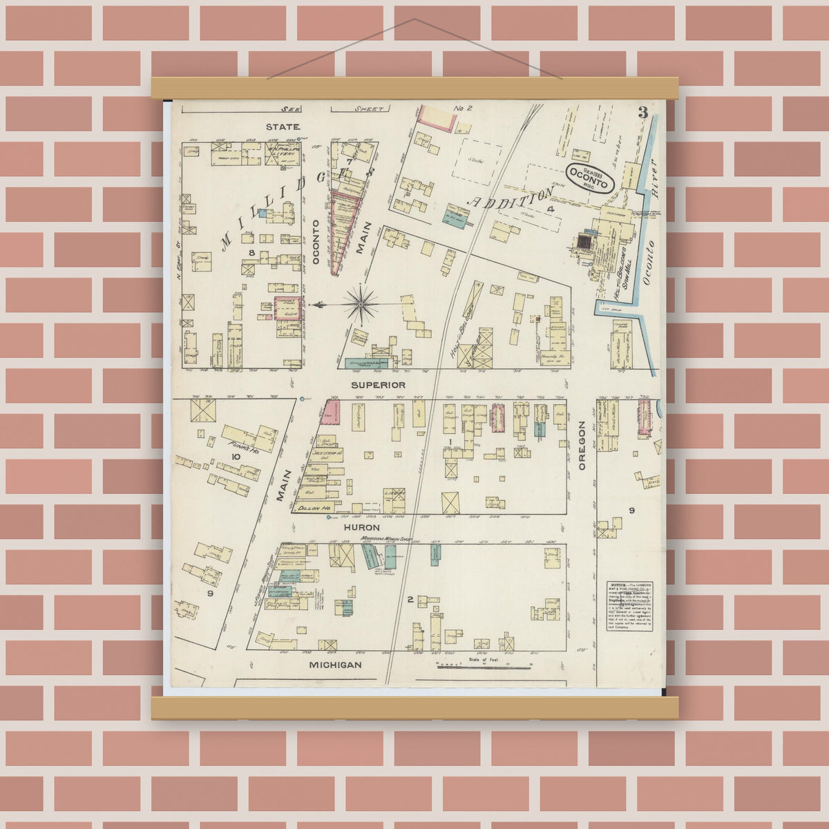 Old map wall art mockup — magnetic wood frame on brick wall — Sanborn Fire Insurance Map from Oconto, Oconto County, Wisconsin (1883), Sheet #0003