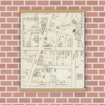 Old map wall art mockup — magnetic wood frame on brick wall — Sanborn Fire Insurance Map from Oconto, Oconto County, Wisconsin (1883), Sheet #0003