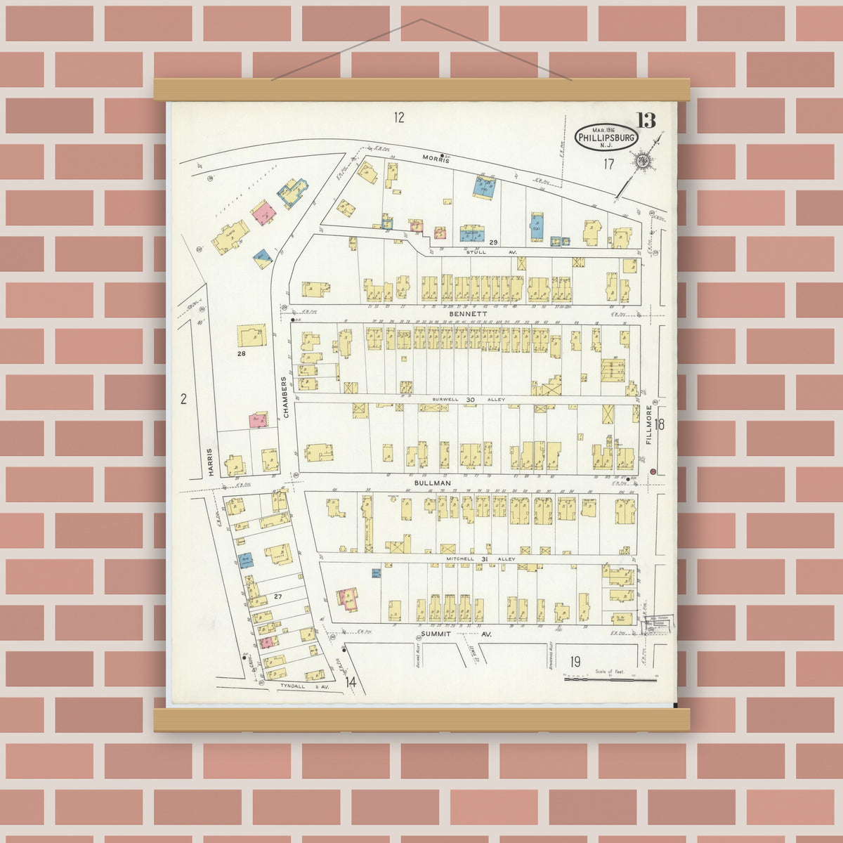 Old map wall art mockup — magnetic wood frame on brick wall — Sanborn Fire Insurance Map from Phillipsburg, Warren County, New Jersey (1916), Sheet #0013