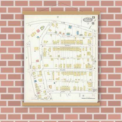 Old map wall art mockup — magnetic wood frame on brick wall — Sanborn Fire Insurance Map from Phillipsburg, Warren County, New Jersey (1916), Sheet #0013