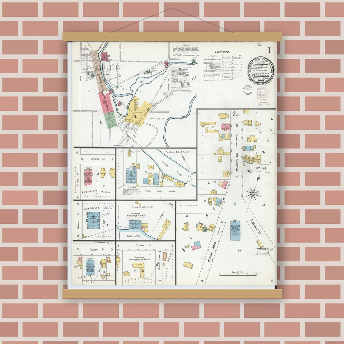 Old map wall art mockup — magnetic wood frame on brick wall — Sanborn Fire Insurance Map from Cedarburg, Ozaukee County, Wisconsin (1900) - Complete Map Set