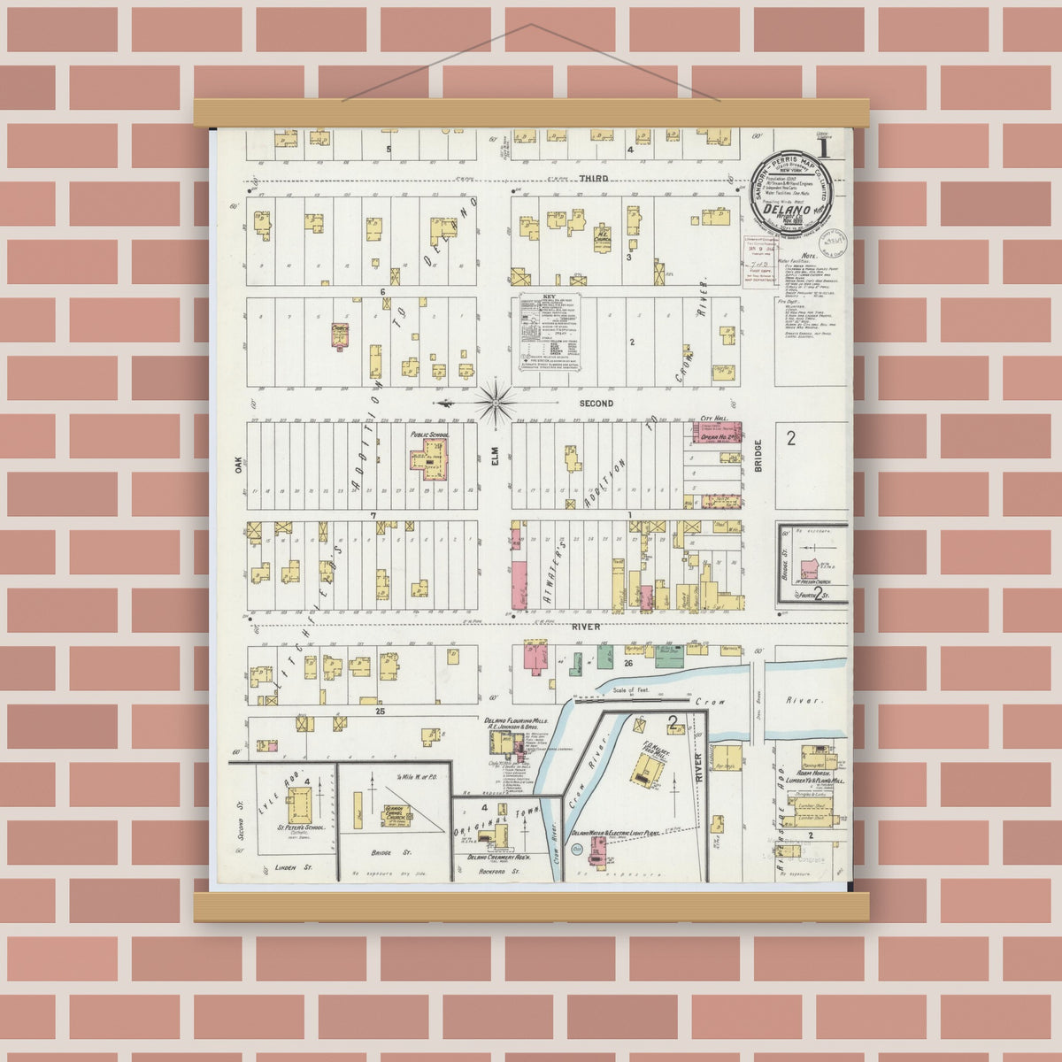 Old map wall art mockup — magnetic wood frame on brick wall — Sanborn Fire Insurance Map from Delano, Wright County, Minnesota (1899), Sheet #0001