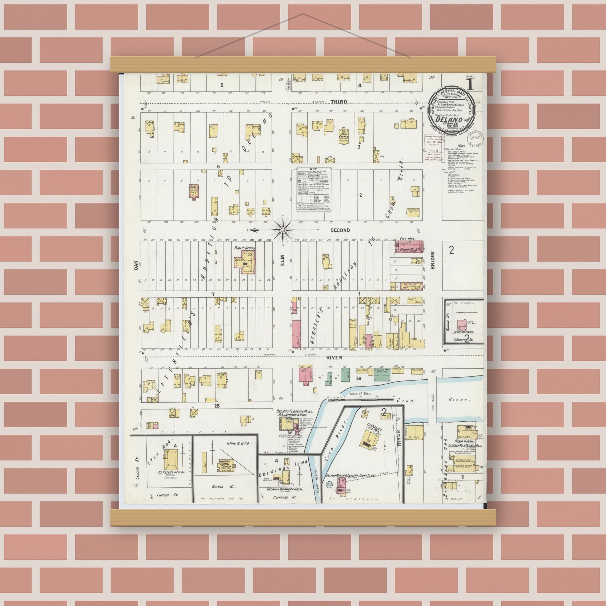 Old map wall art mockup — magnetic wood frame on brick wall — Sanborn Fire Insurance Map from Delano, Wright County, Minnesota (1899), Sheet #0001
