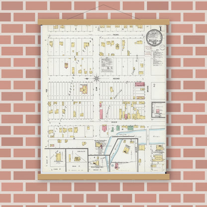 Old map wall art mockup — magnetic wood frame on brick wall — Sanborn Fire Insurance Map from Delano, Wright County, Minnesota (1899), Sheet #0001