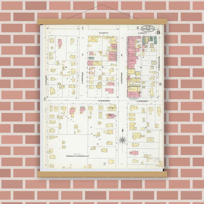 Old map wall art mockup — magnetic wood frame on brick wall — Sanborn Fire Insurance Map from Charlotte, Eaton County, Michigan (1904), Sheet #0009