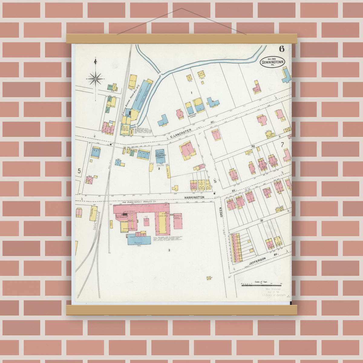 Old map wall art mockup — magnetic wood frame on brick wall — Sanborn Fire Insurance Map from Downingtown, Chester County, Pennsylvania (1903), Sheet #0006