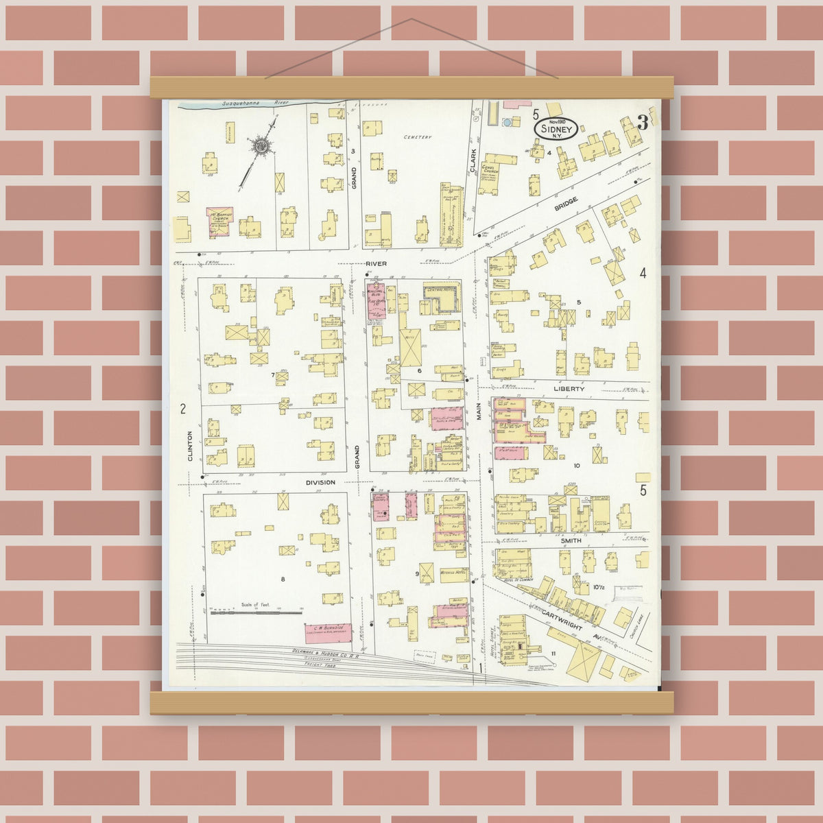 Old map wall art mockup — magnetic wood frame on brick wall — Sanborn Fire Insurance Map from Sidney, Delaware County, New York (1910), Sheet #0003