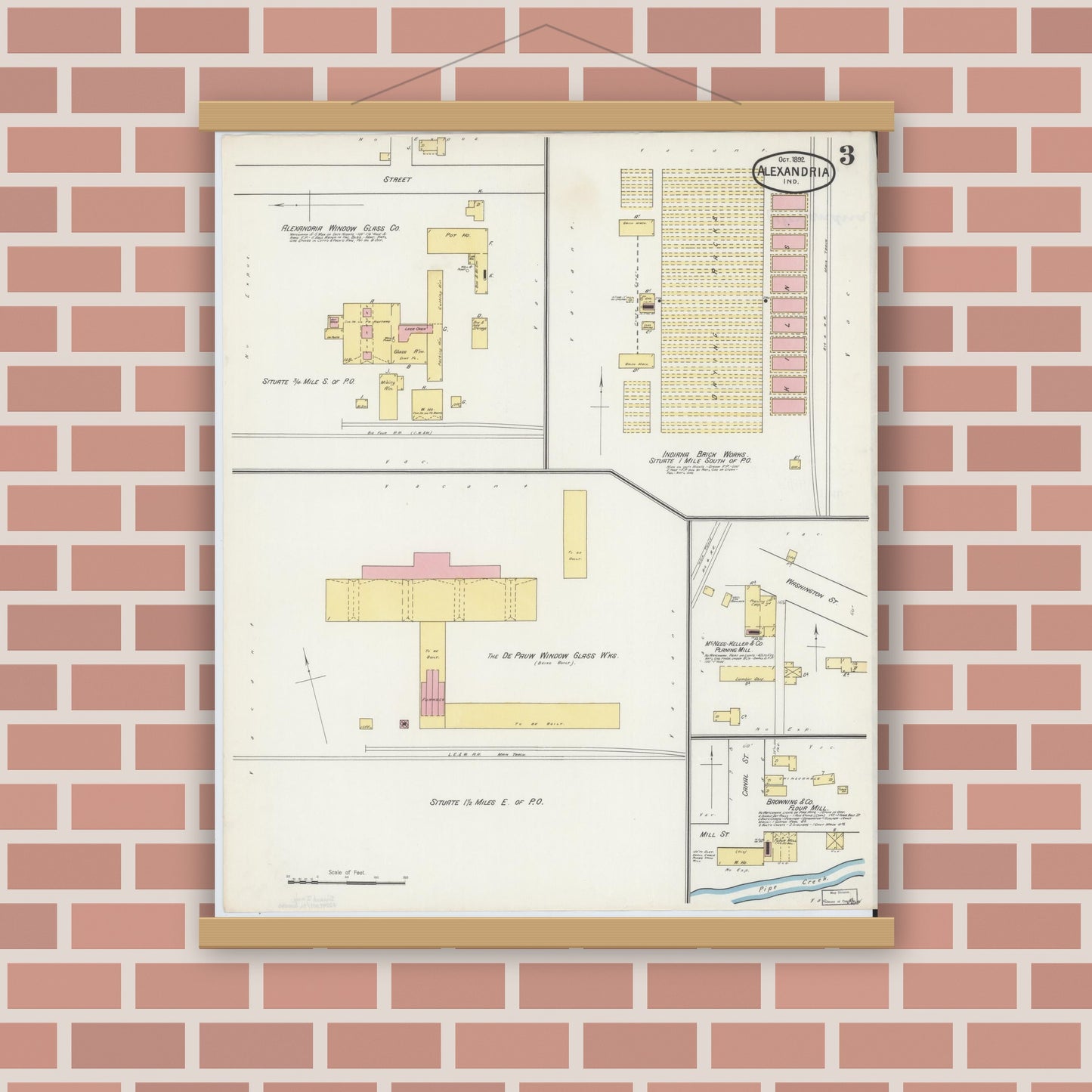 Old map wall art mockup — magnetic wood frame on brick wall — Sanborn Fire Insurance Map from Alexandria, Madison County, Indiana (1892), Sheet #0003
