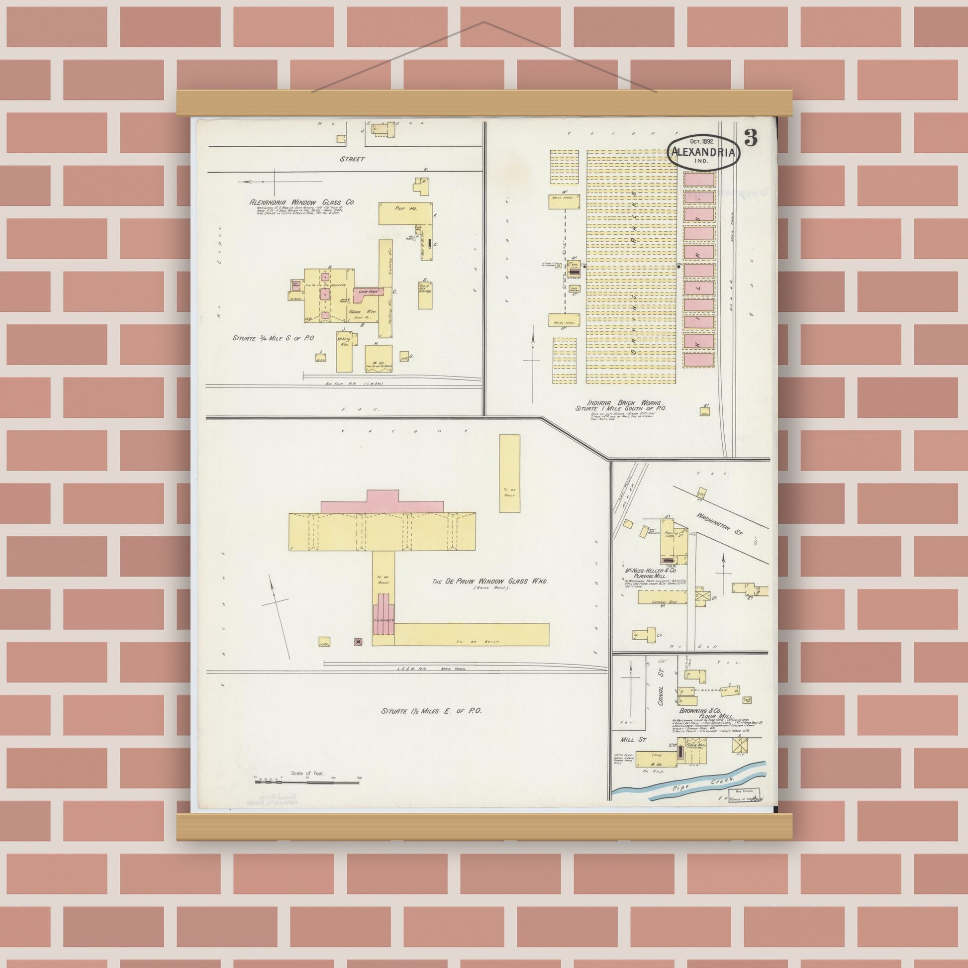 Old map wall art mockup — magnetic wood frame on brick wall — Sanborn Fire Insurance Map from Alexandria, Madison County, Indiana (1892), Sheet #0003