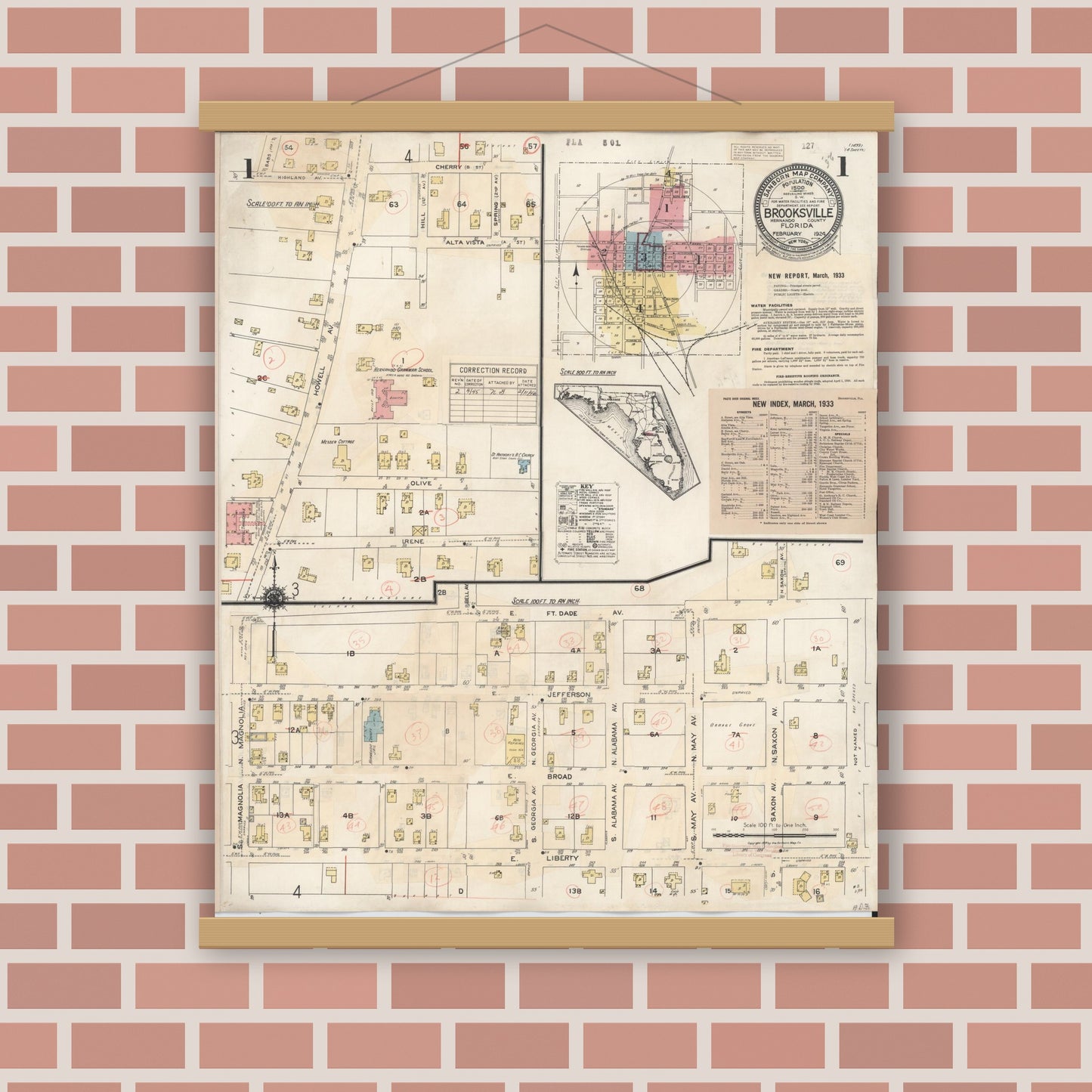 Old map wall art mockup — magnetic wood frame on brick wall — Sanborn Fire Insurance Map from Brooksville, Hernando County, Florida (1945), Sheet #0001