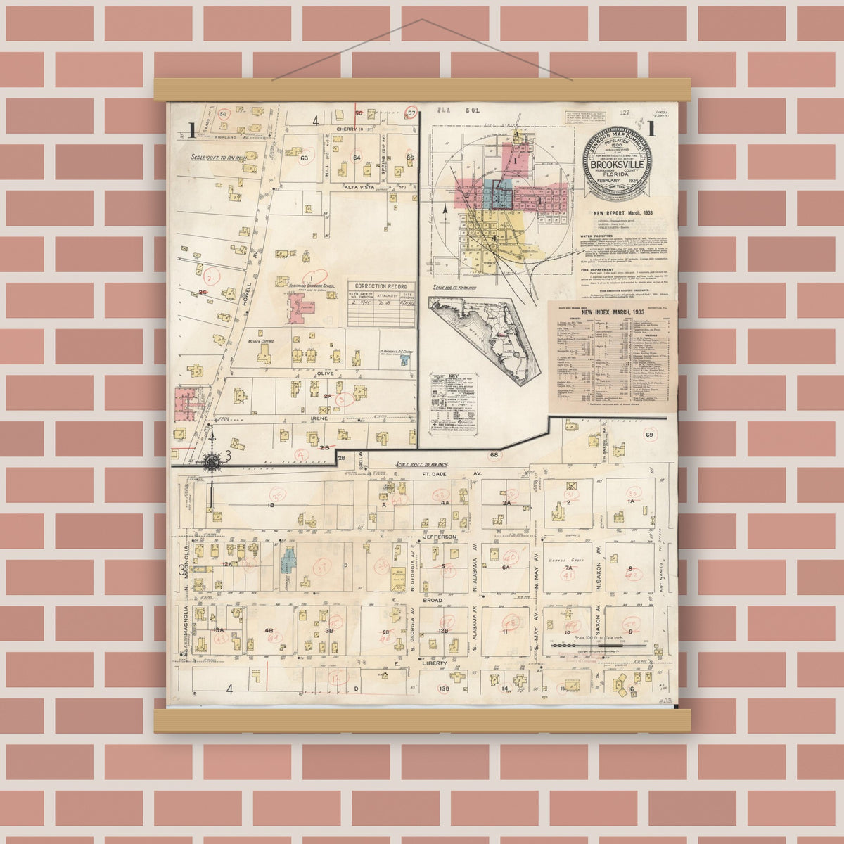 Old map wall art mockup — magnetic wood frame on brick wall — Sanborn Fire Insurance Map from Brooksville, Hernando County, Florida (1945), Sheet #0001