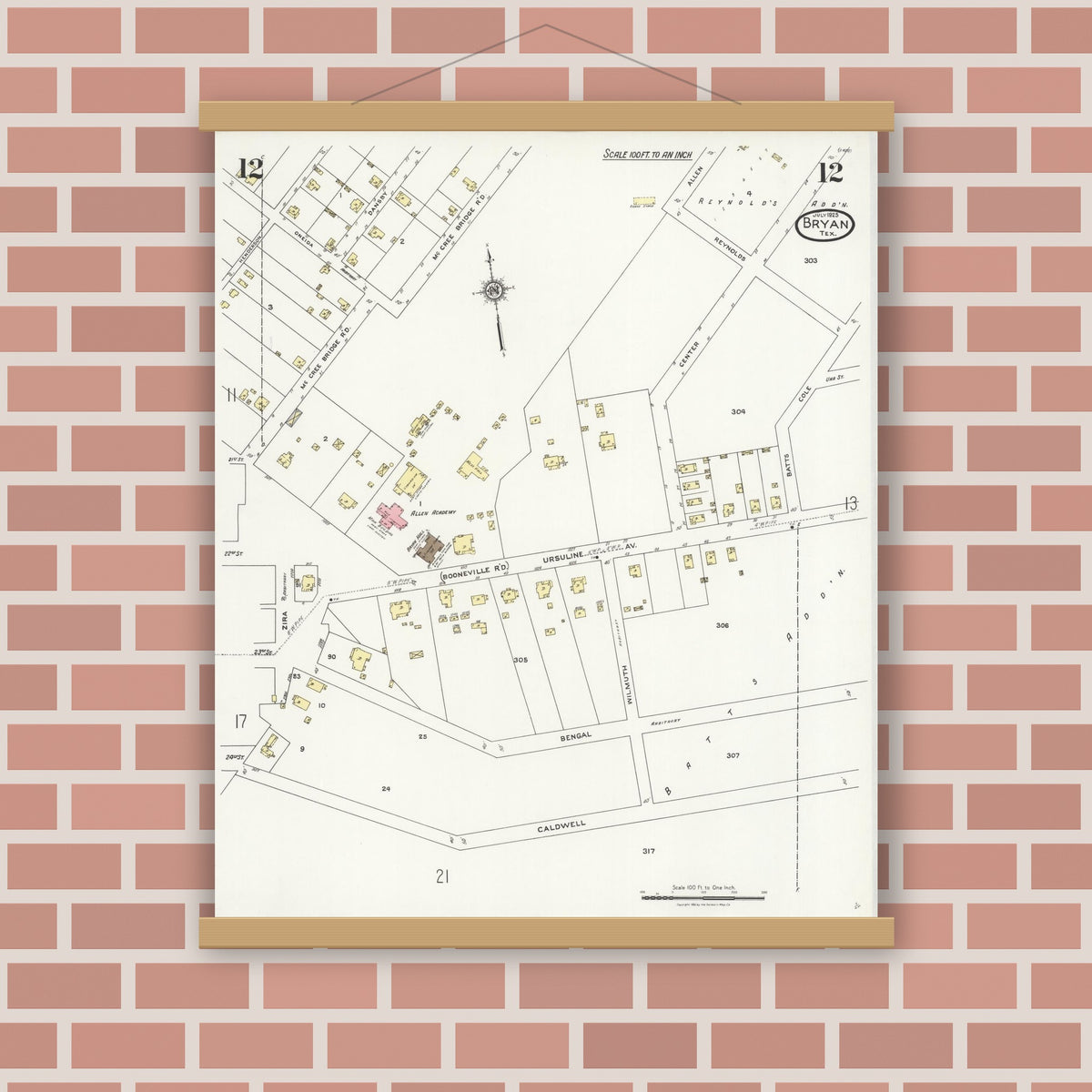 Old map wall art mockup — magnetic wood frame on brick wall — Sanborn Fire Insurance Map from Bryan, Brazos County, Texas (1925), Sheet #0012