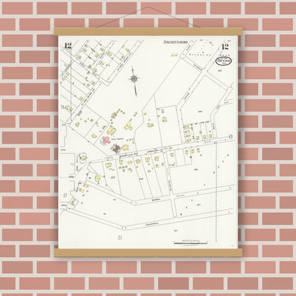 Old map wall art mockup — magnetic wood frame on brick wall — Sanborn Fire Insurance Map from Bryan, Brazos County, Texas (1925), Sheet #0012