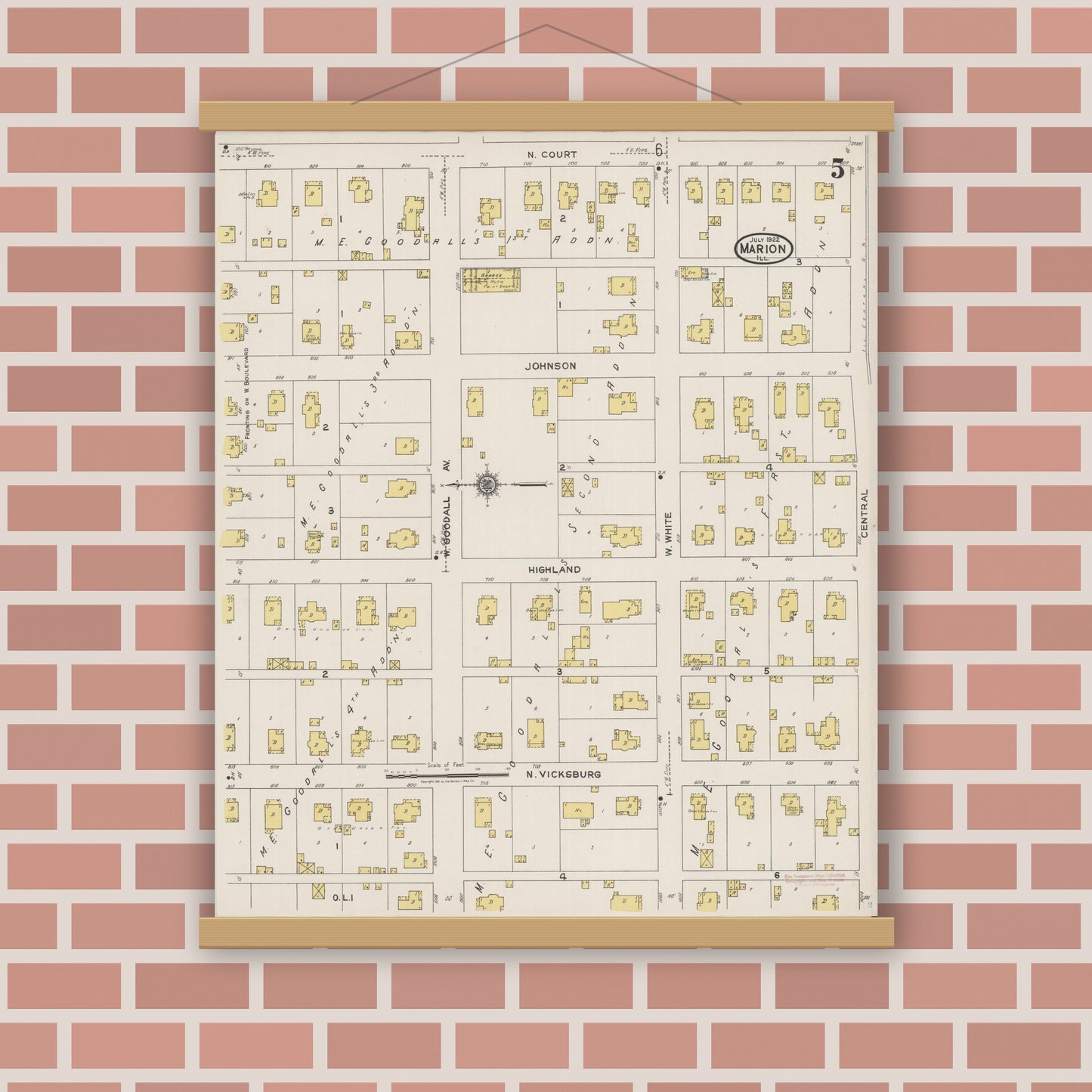 Old map wall art mockup — magnetic wood frame on brick wall — Sanborn Fire Insurance Map from Marion, Williamson County, Illinois (1922), Sheet #0005