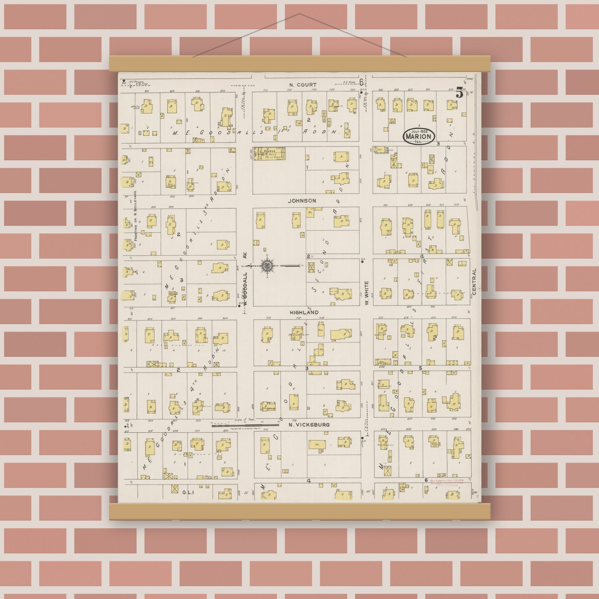 Old map wall art mockup — magnetic wood frame on brick wall — Sanborn Fire Insurance Map from Marion, Williamson County, Illinois (1922), Sheet #0005
