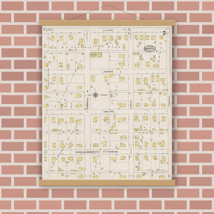 Old map wall art mockup — magnetic wood frame on brick wall — Sanborn Fire Insurance Map from Marion, Williamson County, Illinois (1922), Sheet #0005