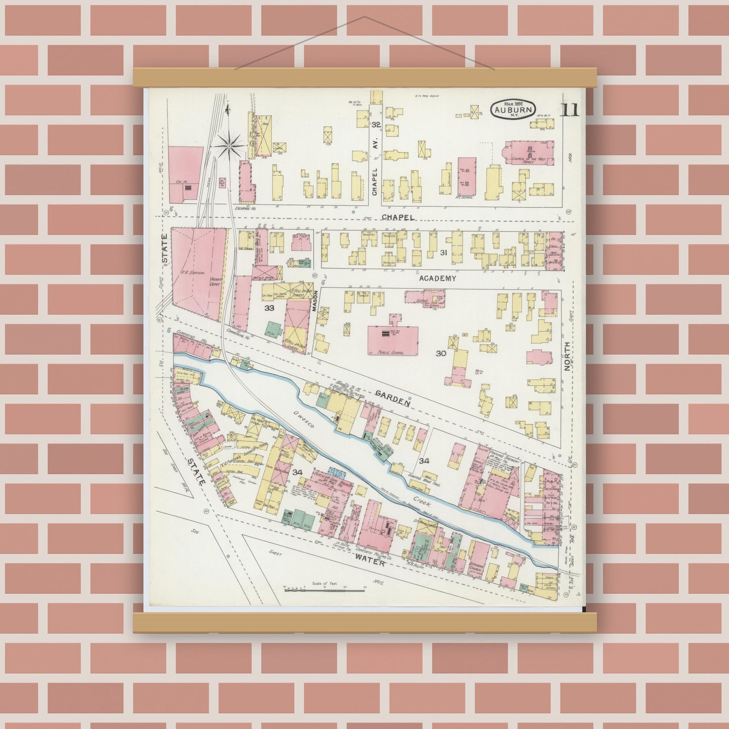 Old map wall art mockup — magnetic wood frame on brick wall — Sanborn Fire Insurance Map from Auburn, Cayuga County, New York (1892), Sheet #0011