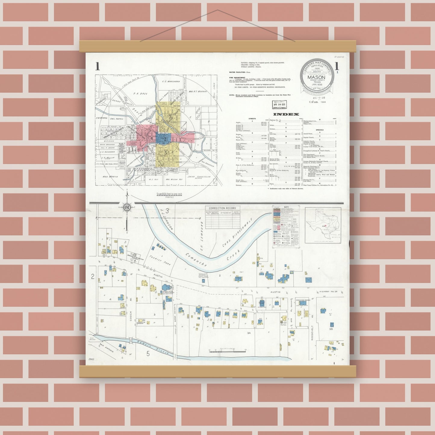 Old map wall art mockup — magnetic wood frame on brick wall — Sanborn Fire Insurance Map from Mason, Mason County, Texas (1936), Sheet #0001