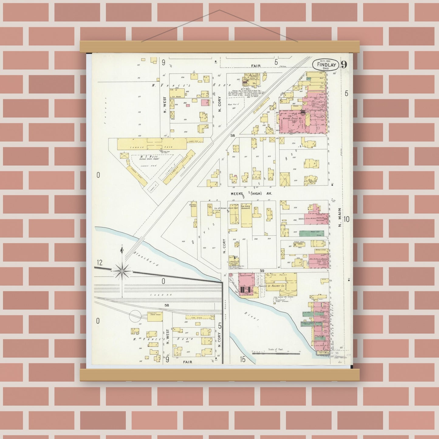 Old map wall art mockup — magnetic wood frame on brick wall — Sanborn Fire Insurance Map from Findlay, Hancock County, Ohio (1901), Sheet #0009