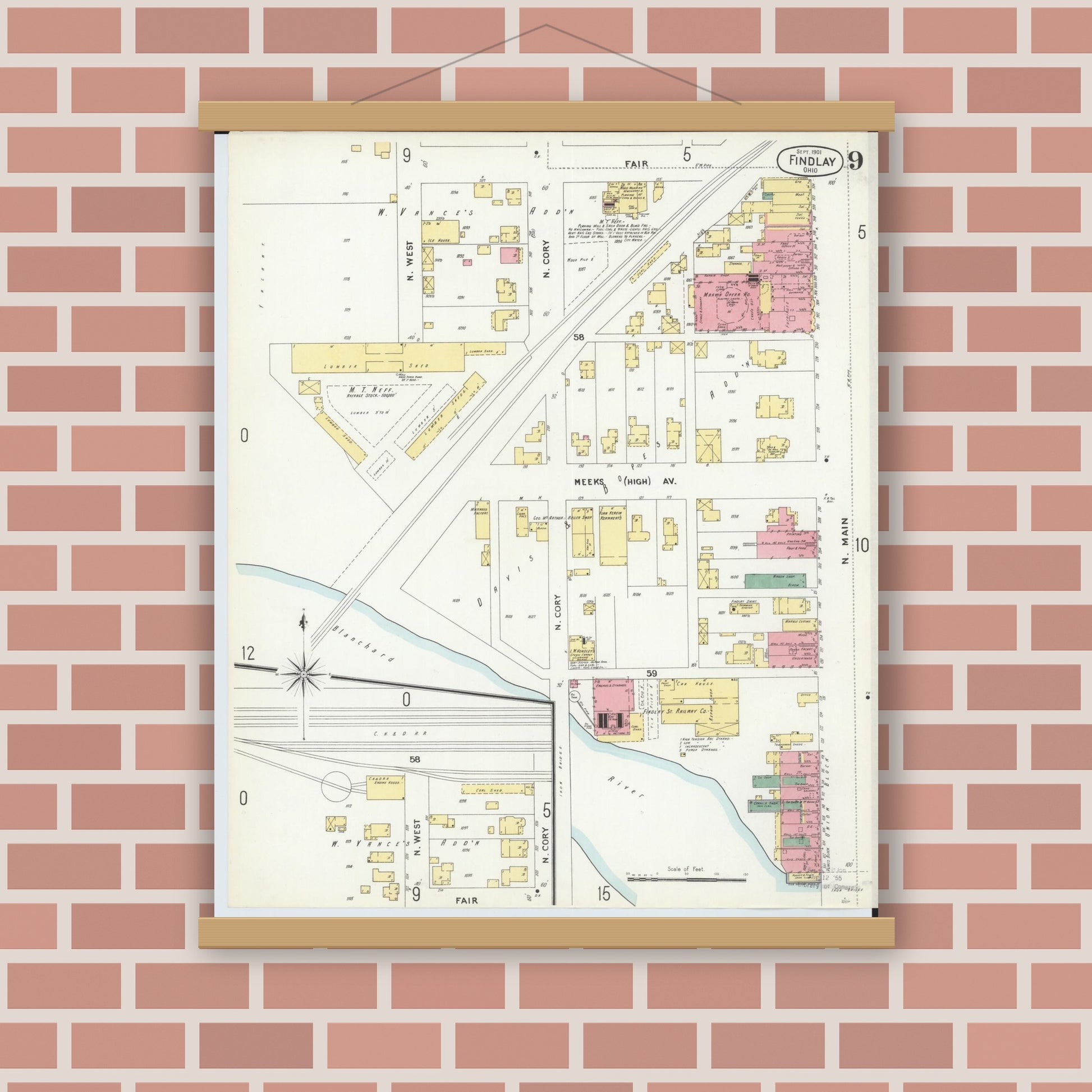 Old map wall art mockup — magnetic wood frame on brick wall — Sanborn Fire Insurance Map from Findlay, Hancock County, Ohio (1901), Sheet #0009