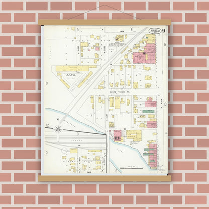 Old map wall art mockup — magnetic wood frame on brick wall — Sanborn Fire Insurance Map from Findlay, Hancock County, Ohio (1901), Sheet #0009