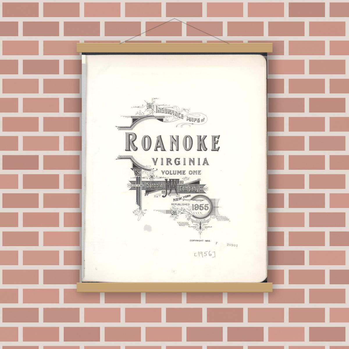 Old map wall art mockup — magnetic wood frame on brick wall — Sanborn Fire Insurance Map from Roanoke, Independent Cities, Virginia (1955), Sheet #0001