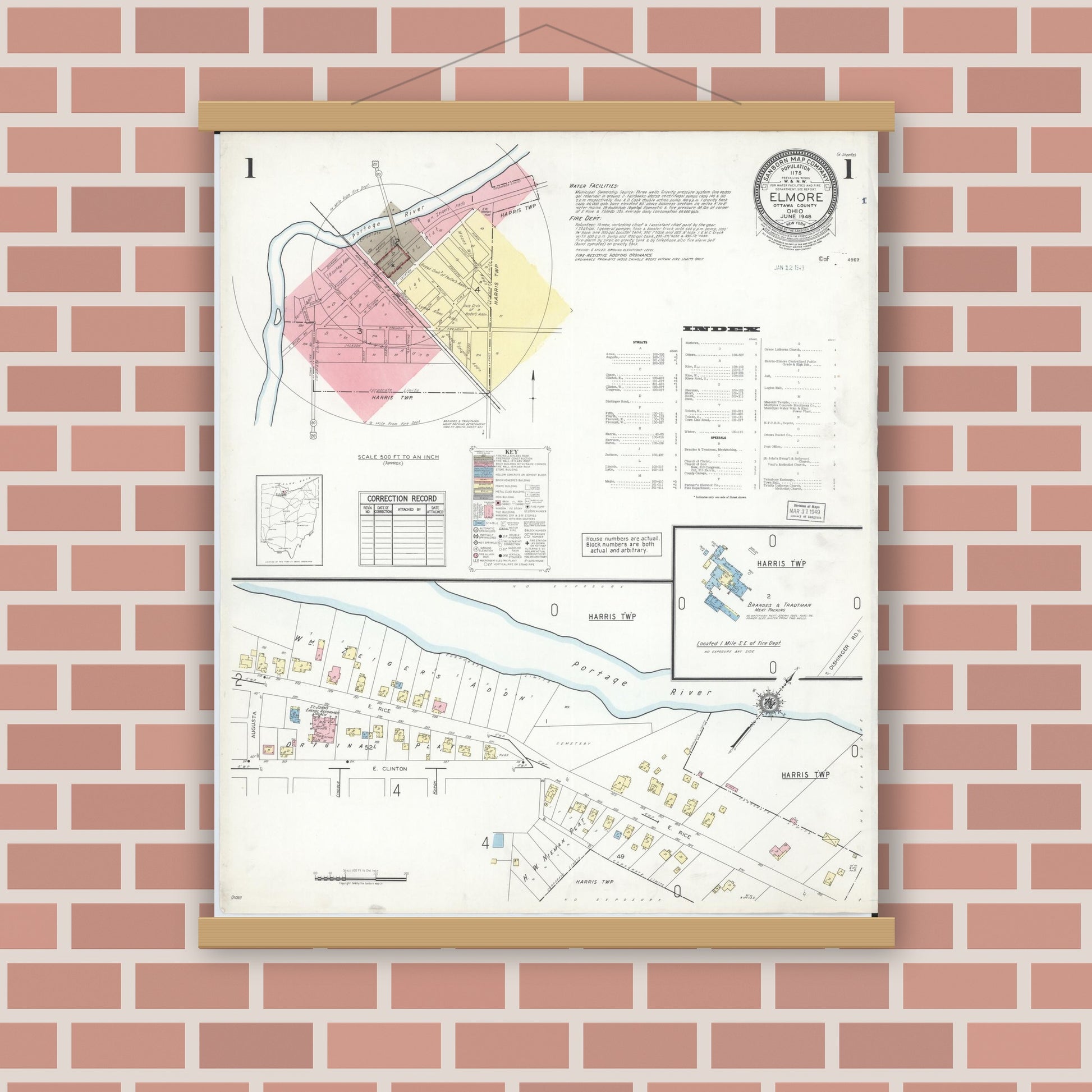 Old map wall art mockup — magnetic wood frame on brick wall — Sanborn Fire Insurance Map from Elmore, Ottawa County, Ohio (1948) - Complete Map Set