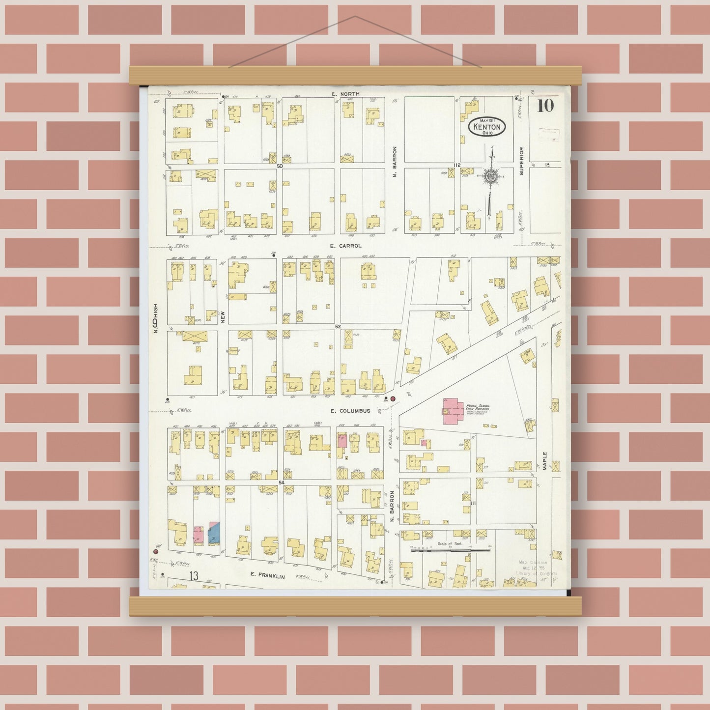 Old map wall art mockup — magnetic wood frame on brick wall — Sanborn Fire Insurance Map from Kenton, Hardin County, Ohio (1911), Sheet #0010
