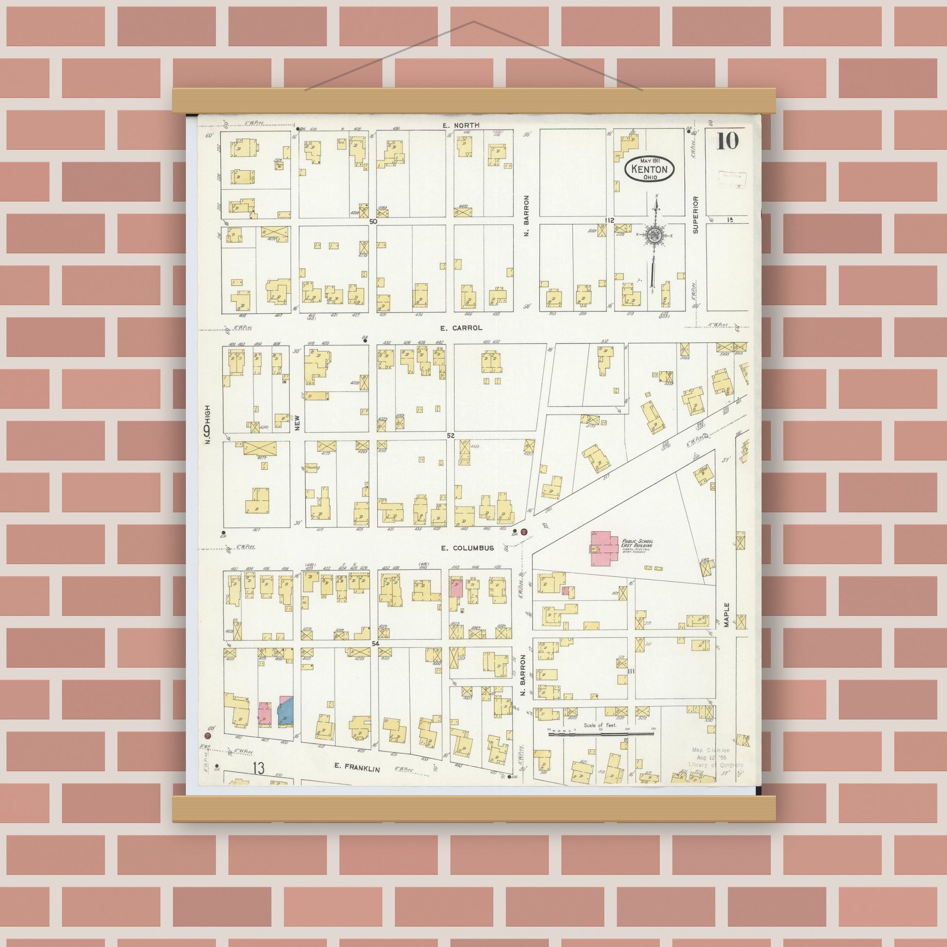 Old map wall art mockup — magnetic wood frame on brick wall — Sanborn Fire Insurance Map from Kenton, Hardin County, Ohio (1911), Sheet #0010