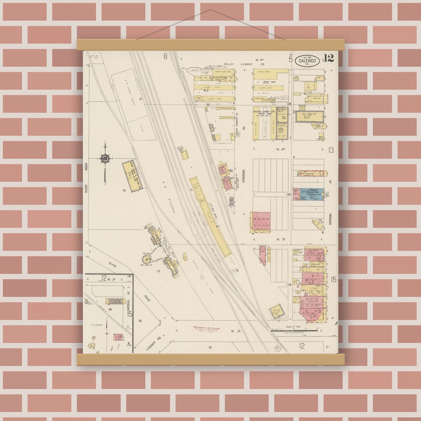Old map wall art mockup — magnetic wood frame on brick wall — Sanborn Fire Insurance Map from Calexico, Imperial County, California (1920), Sheet #0012