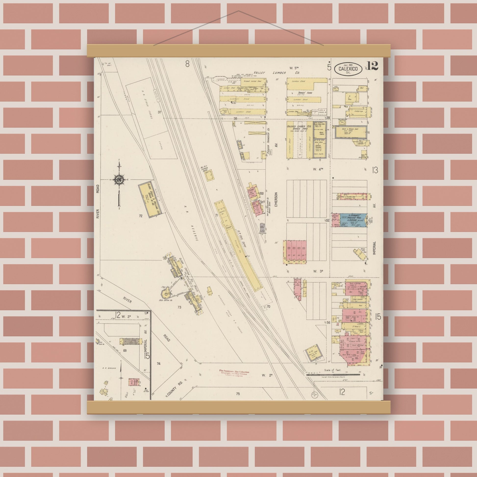 Old map wall art mockup — magnetic wood frame on brick wall — Sanborn Fire Insurance Map from Calexico, Imperial County, California (1920), Sheet #0012