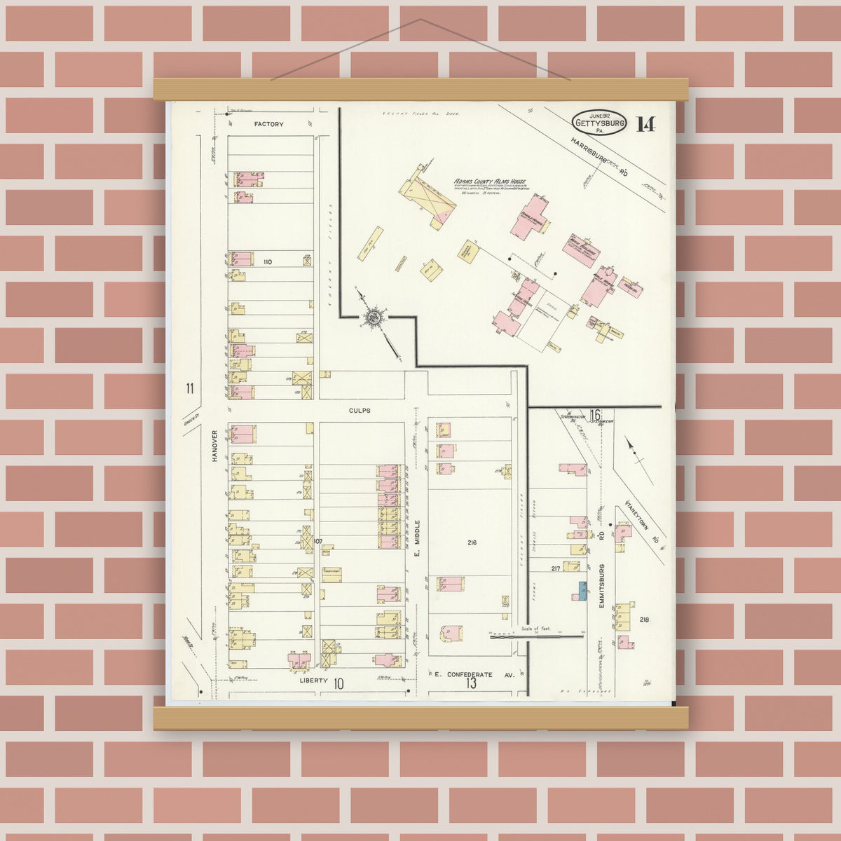 Old map wall art mockup — magnetic wood frame on brick wall — Sanborn Fire Insurance Map from Gettysburg, Adams County, Pennsylvania (1912), Sheet #0014