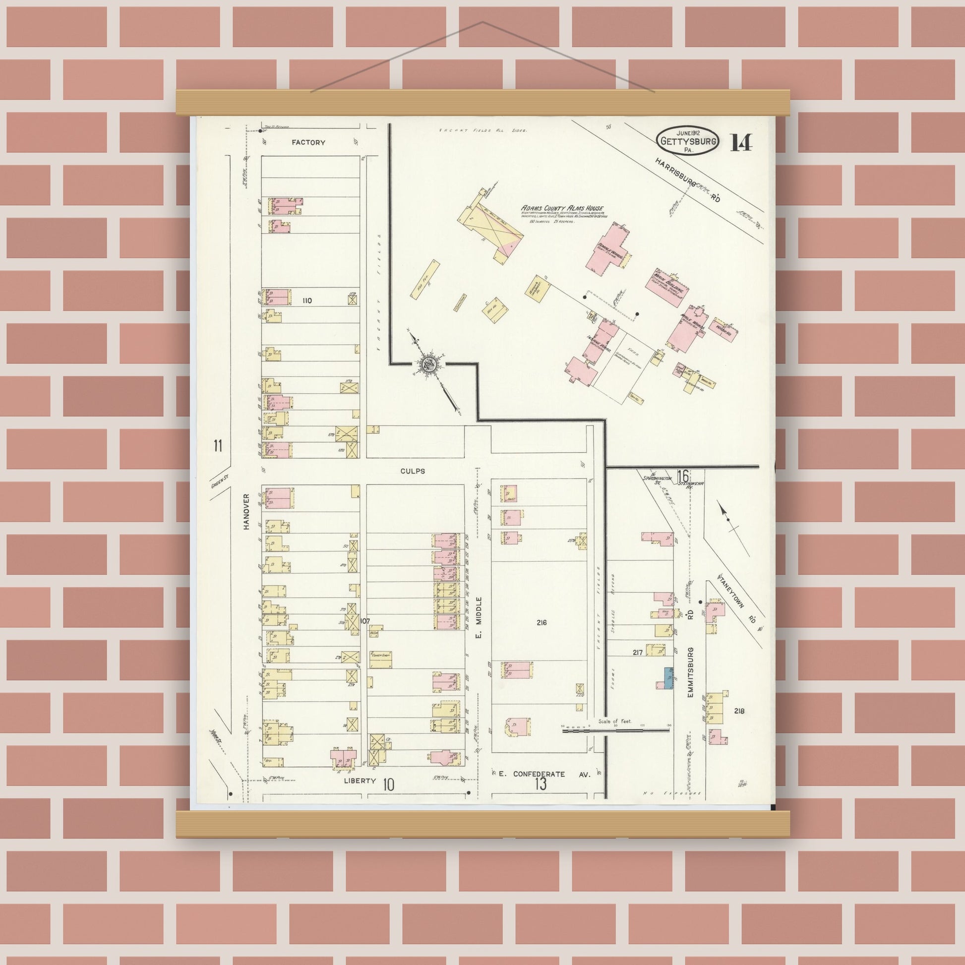 Old map wall art mockup — magnetic wood frame on brick wall — Sanborn Fire Insurance Map from Gettysburg, Adams County, Pennsylvania (1912), Sheet #0014