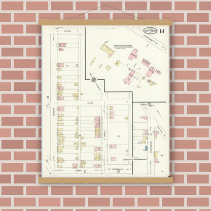 Old map wall art mockup — magnetic wood frame on brick wall — Sanborn Fire Insurance Map from Gettysburg, Adams County, Pennsylvania (1912), Sheet #0014