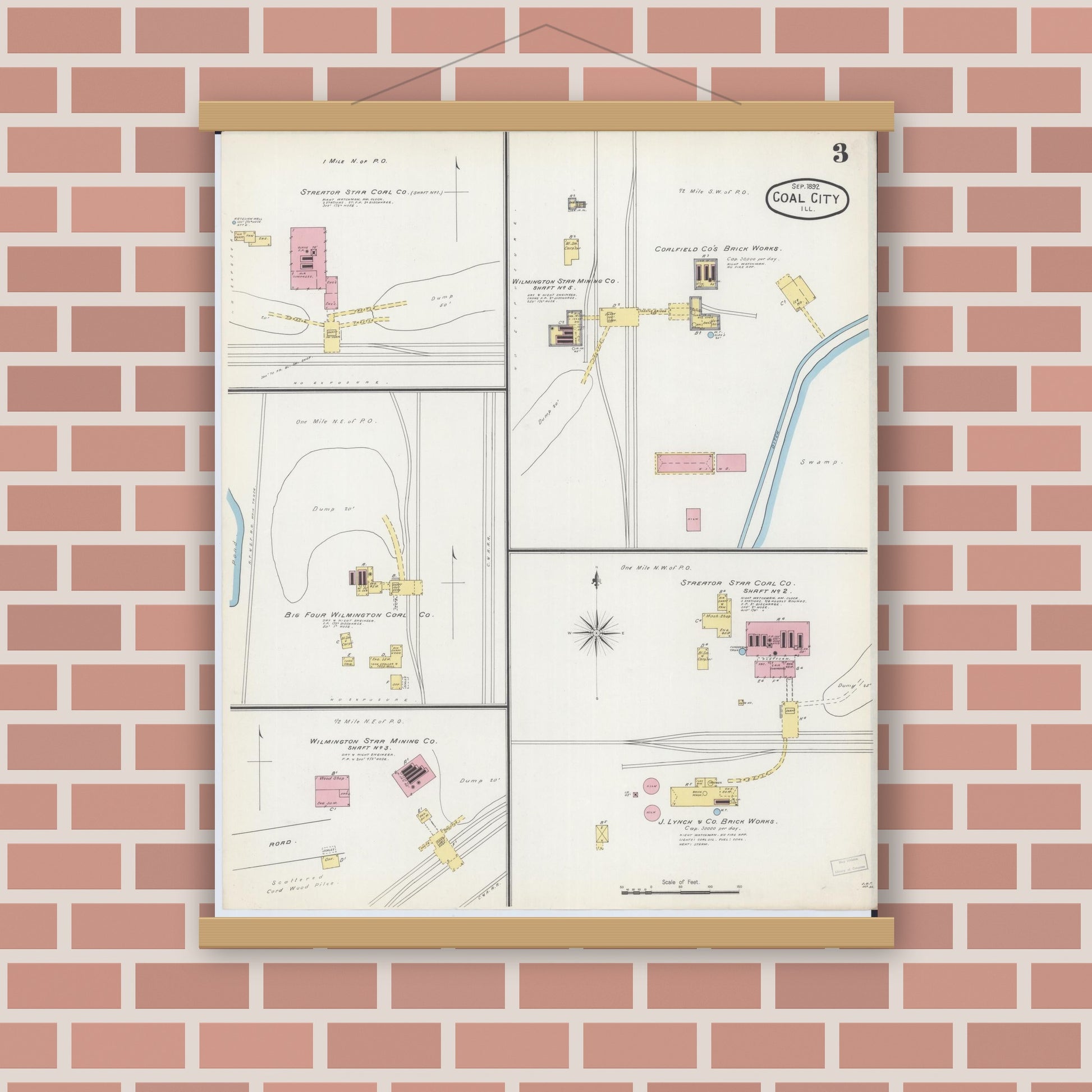 Old map wall art mockup — magnetic wood frame on brick wall — Sanborn Fire Insurance Map from Coal City, Grundy County, Illinois (1892), Sheet #0003