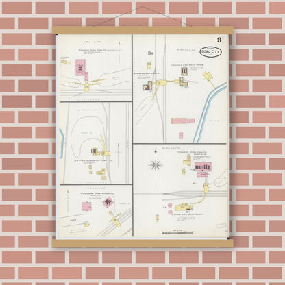 Old map wall art mockup — magnetic wood frame on brick wall — Sanborn Fire Insurance Map from Coal City, Grundy County, Illinois (1892), Sheet #0003