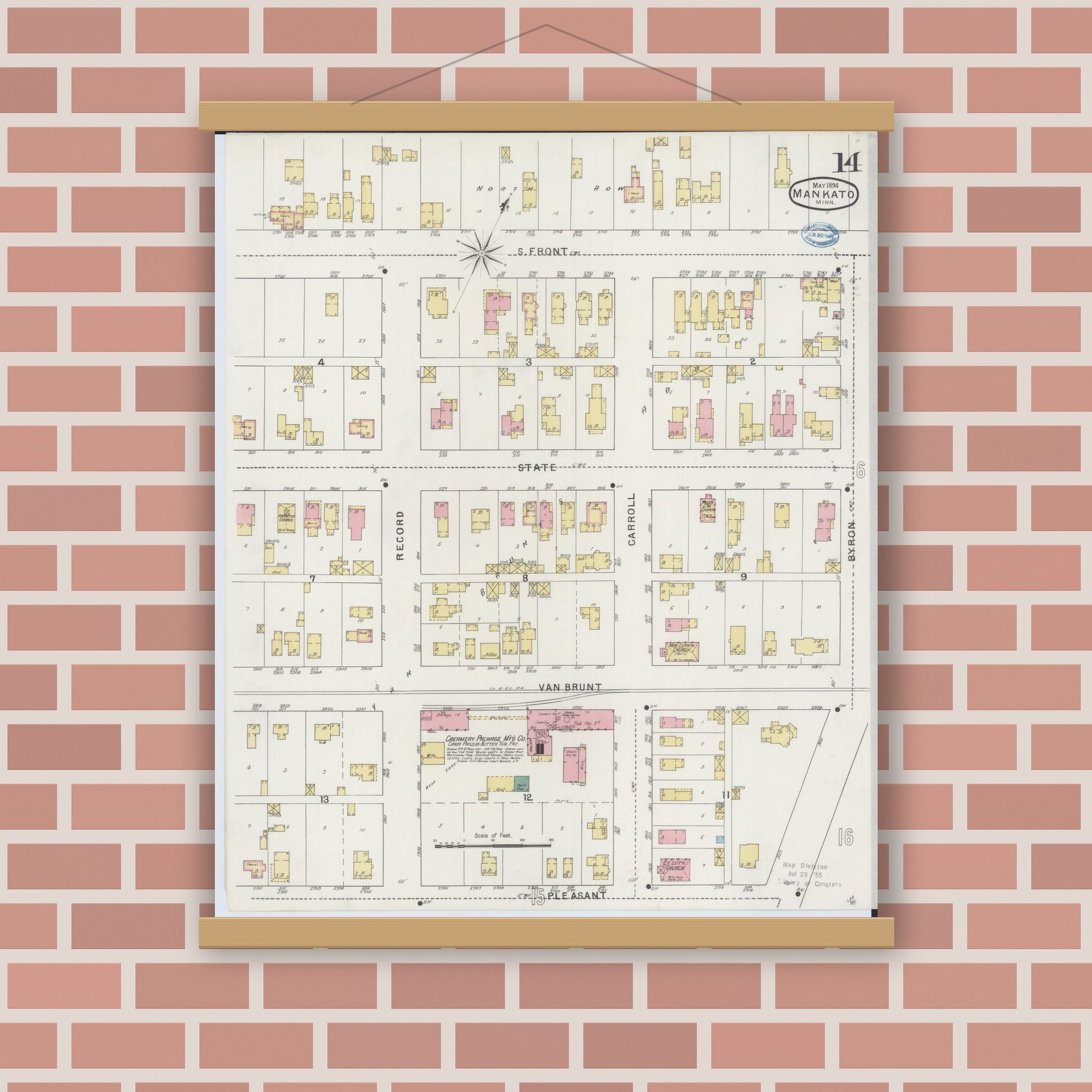 Old map wall art mockup — magnetic wood frame on brick wall — Sanborn Fire Insurance Map from Mankato, Blue Earth County, Minnesota (1894), Sheet #0014