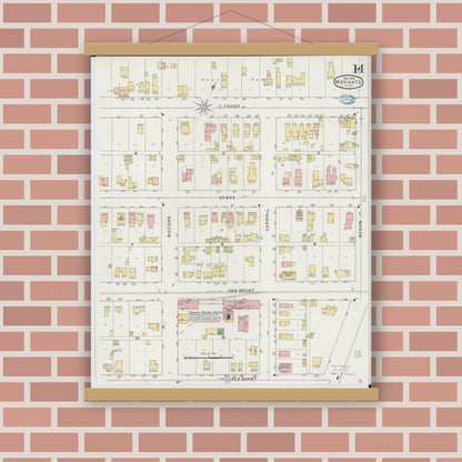 Old map wall art mockup — magnetic wood frame on brick wall — Sanborn Fire Insurance Map from Mankato, Blue Earth County, Minnesota (1894), Sheet #0014