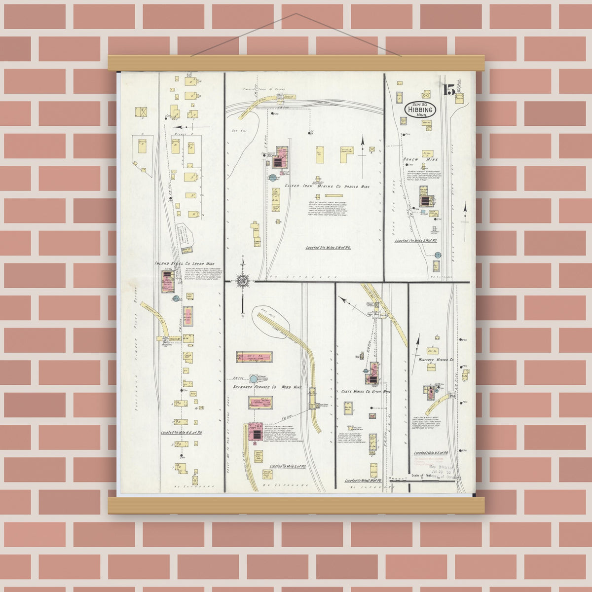 Old map wall art mockup — magnetic wood frame on brick wall — Sanborn Fire Insurance Map from Hibbing, Saint Louis County, Minnesota (1913), Sheet #0015