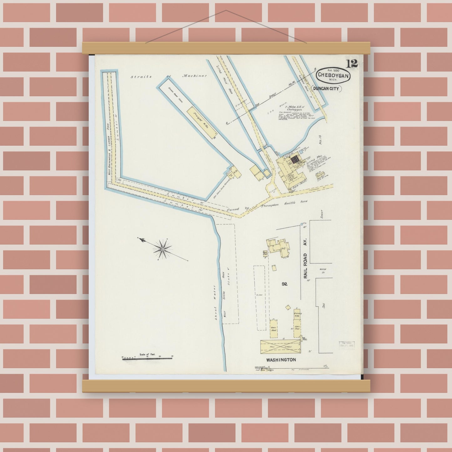 Old map wall art mockup — magnetic wood frame on brick wall — Sanborn Fire Insurance Map from Cheboygan, Cheboygan County, Michigan (1890), Sheet #0012