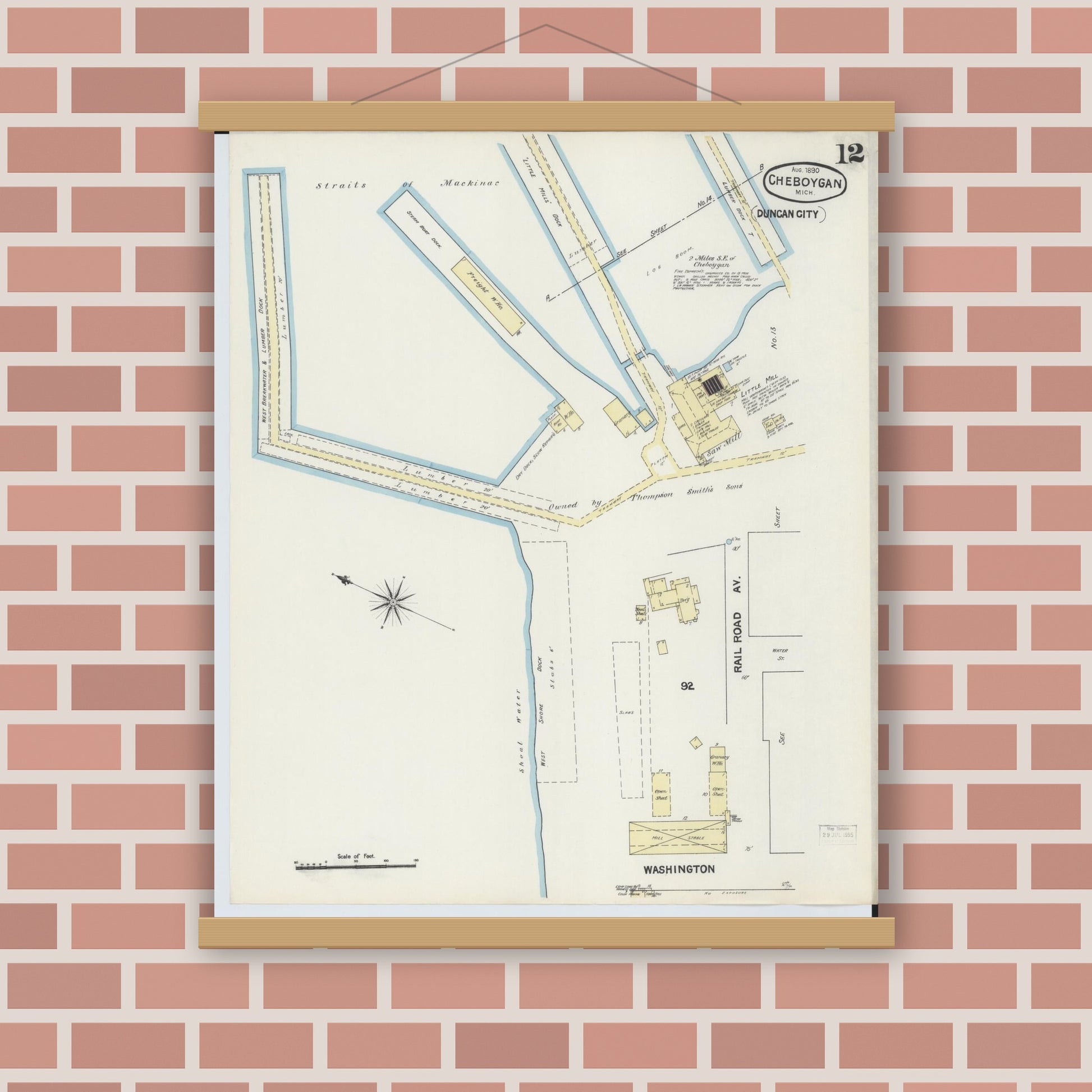 Old map wall art mockup — magnetic wood frame on brick wall — Sanborn Fire Insurance Map from Cheboygan, Cheboygan County, Michigan (1890), Sheet #0012