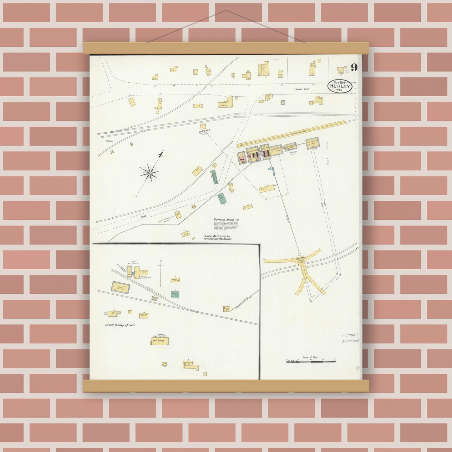Old map wall art mockup — magnetic wood frame on brick wall — Sanborn Fire Insurance Map from Hurley, Iron County, Wisconsin (1905), Sheet #0009