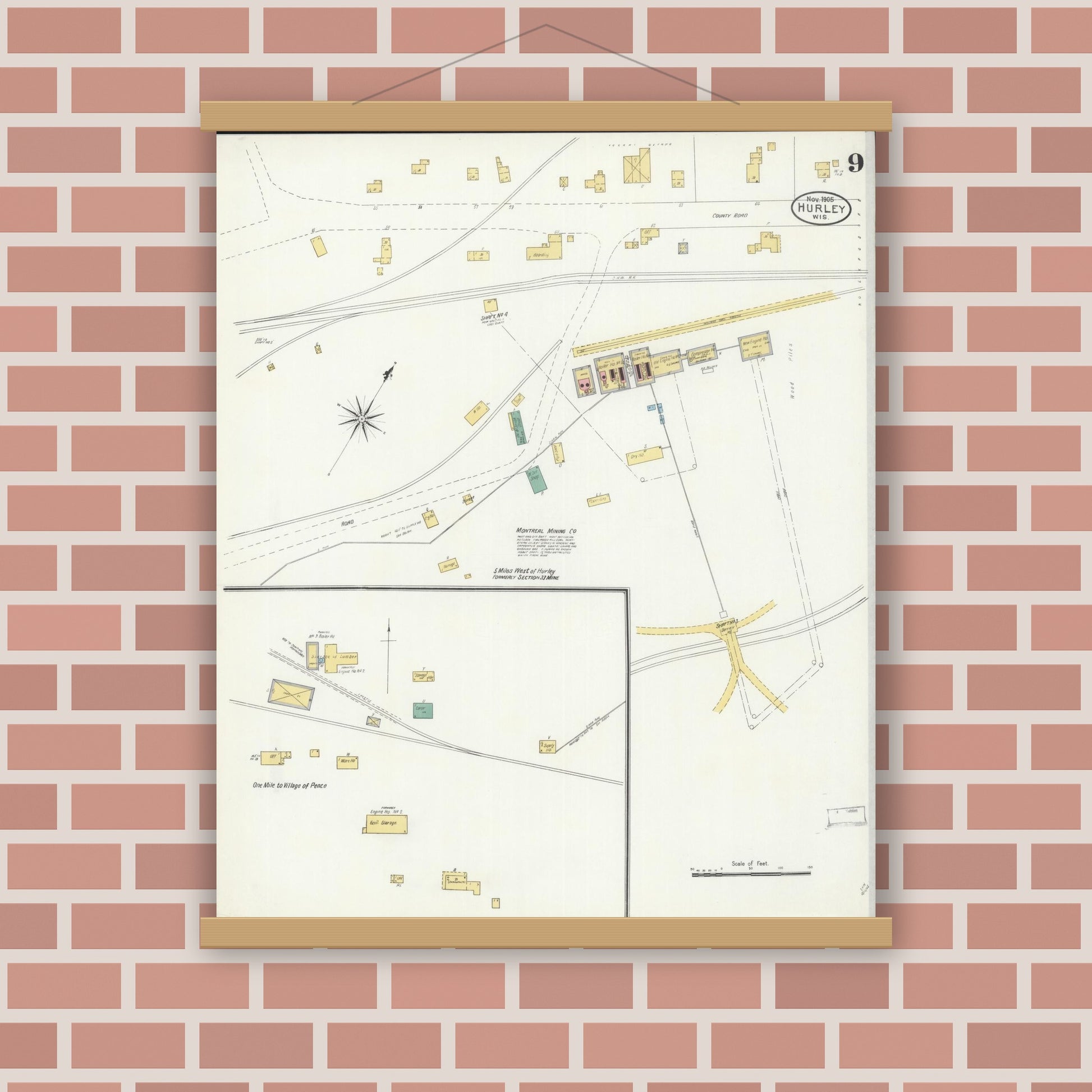 Old map wall art mockup — magnetic wood frame on brick wall — Sanborn Fire Insurance Map from Hurley, Iron County, Wisconsin (1905), Sheet #0009