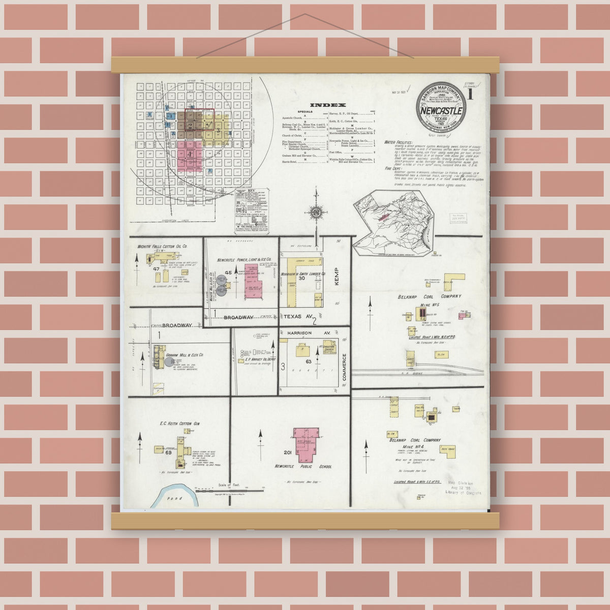 Old map wall art mockup — magnetic wood frame on brick wall — Sanborn Fire Insurance Map from Newcastle, Young County, Texas (1921), Sheet #0001