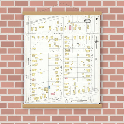 Old map wall art mockup — magnetic wood frame on brick wall — Sanborn Fire Insurance Map from Sturgis, Saint Joseph County, Michigan (1923), Sheet #0009